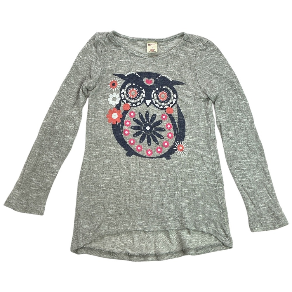 Arizona Grey Owl Graphic Top Kids Size 6 Long Sleeve High Low Hem Knit Tee